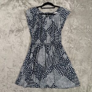 Lauren Conrad Floral Dot Blue White Dress Fit &‎ Flare Cap Sleeve Size S
